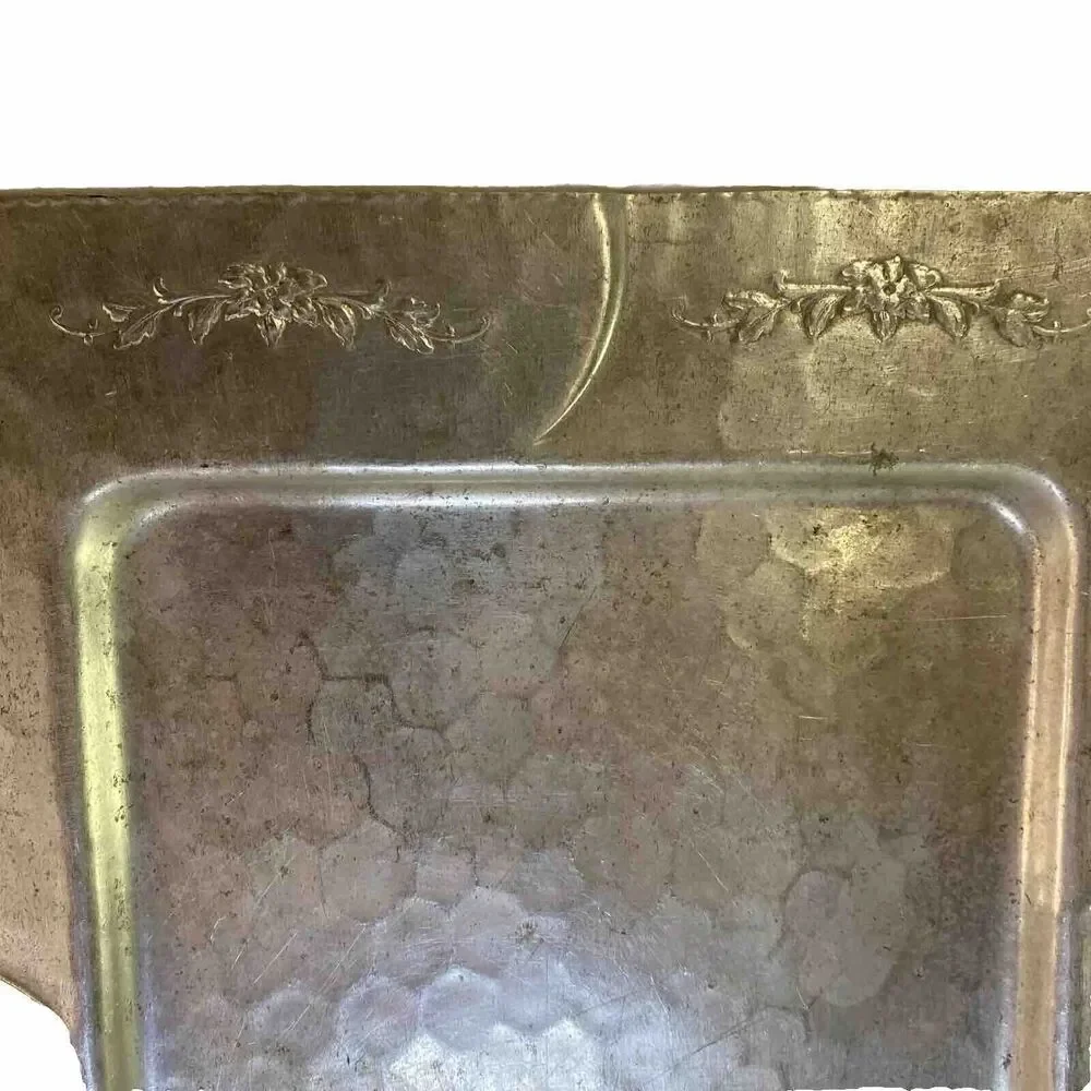 EMPC Hammered Aluminum Tray Square Intaglio Design 50s Floral Wall Hang 13